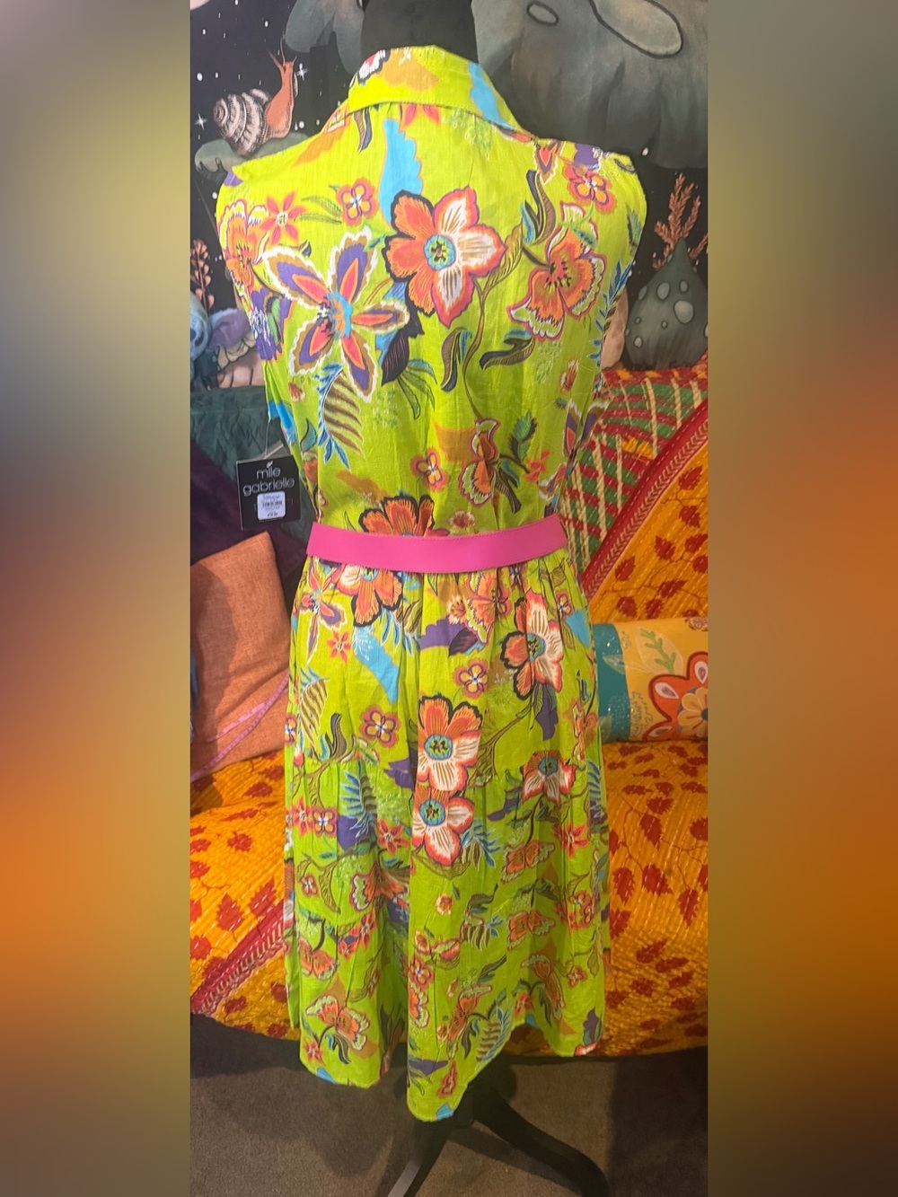 Mlle Gabrielle Neon Lime Floral Sleeveless Midi Dress with Pink Belt - Picture 2 of 4